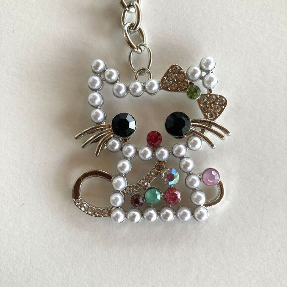 Sparkly Cat Keychain Purse Charm Silver Pearl Rhinestone Kitty Bag Gift - Picture 3 of 4